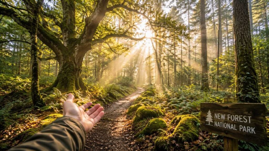 A peaceful first-person photograph of sunlight filtering through an ancient misty woodland trail, illustrating the core concept of the UK Guide to Forest Bathing.
