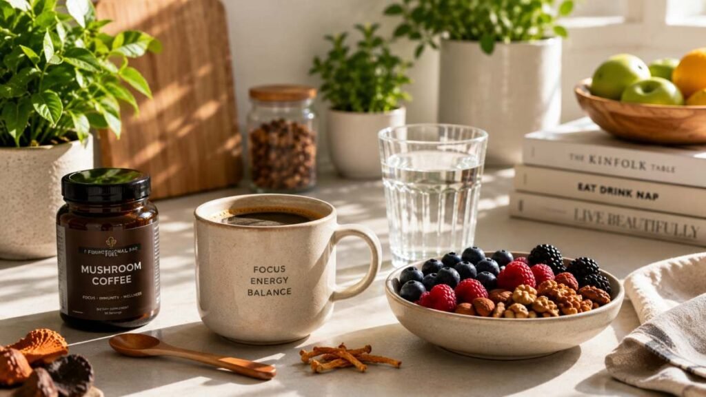 A wholesome breakfast layout incorporating micro-dosing coffee as part of a balanced diet and healthy eating routine.