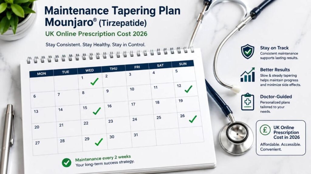 A medical planning calendar showing a spaced-out dosing schedule to manage long-term Mounjaro UK online prescription cost 2026 outlays.
