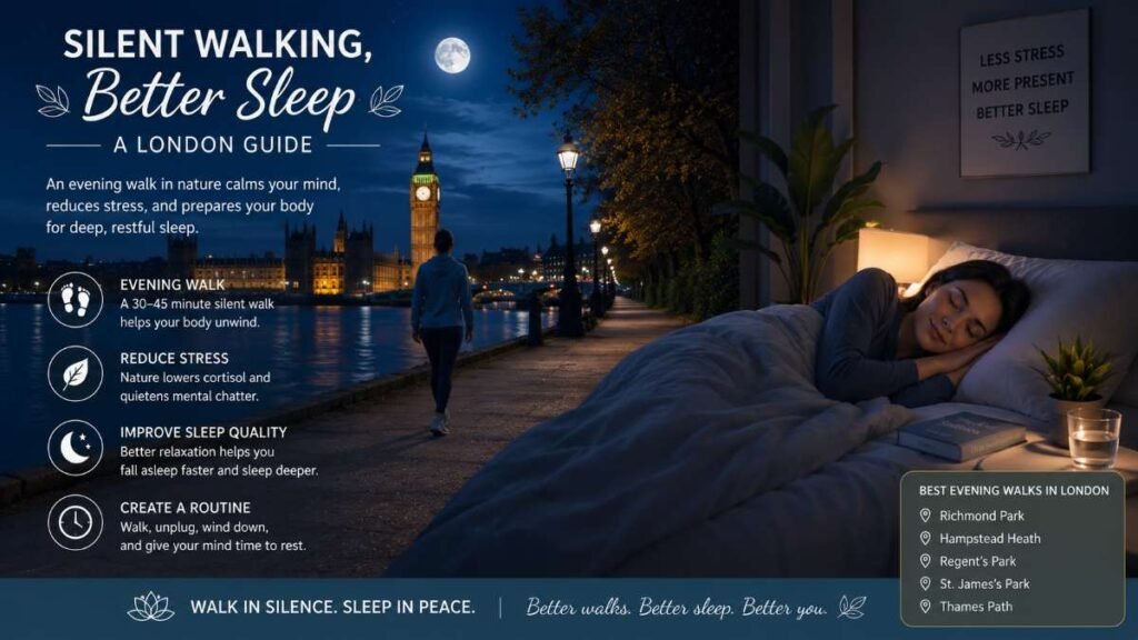 Silent Walking Routes in London for Stress supporting better sleep circadian rhythm and nighttime relaxation.