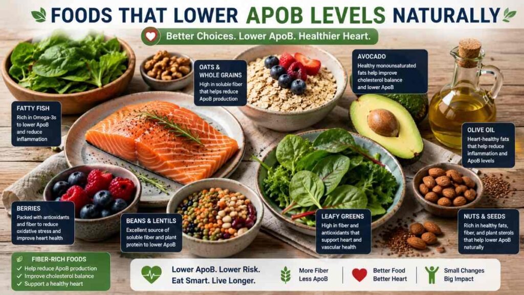 Heart-healthy meal setup with salmon, oats, berries, avocado, olive oil, leafy greens, and fiber-rich foods.