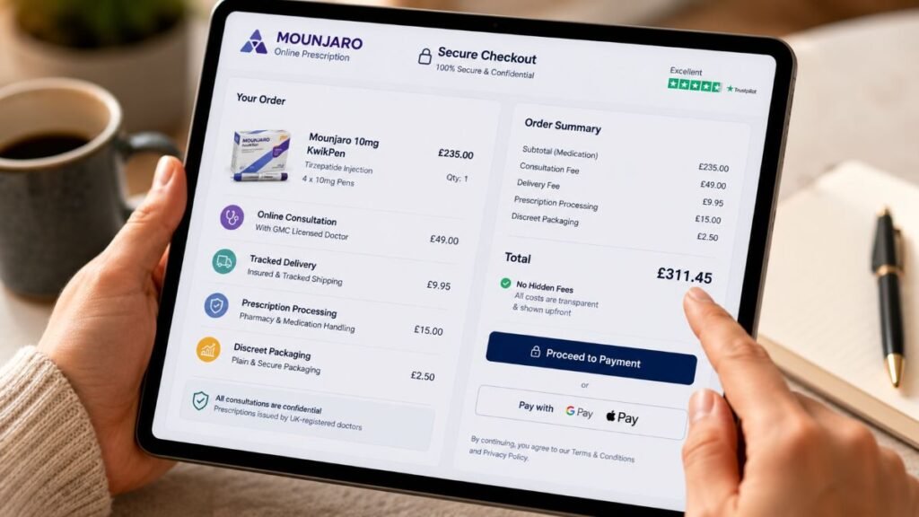 A checkout screen showing itemized sign-off fees, subscription add-ons, and the final Mounjaro UK online prescription cost 2026 total.