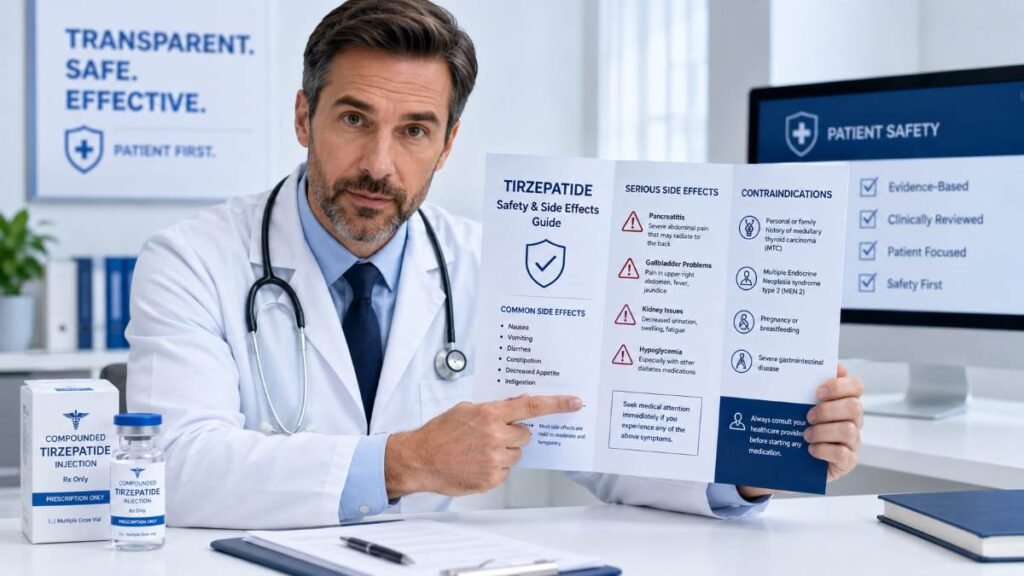 A medical professional discussing gastrointestinal side effects and clinical risk warnings of a Compounded Tirzepatide Online Prescription USA.
