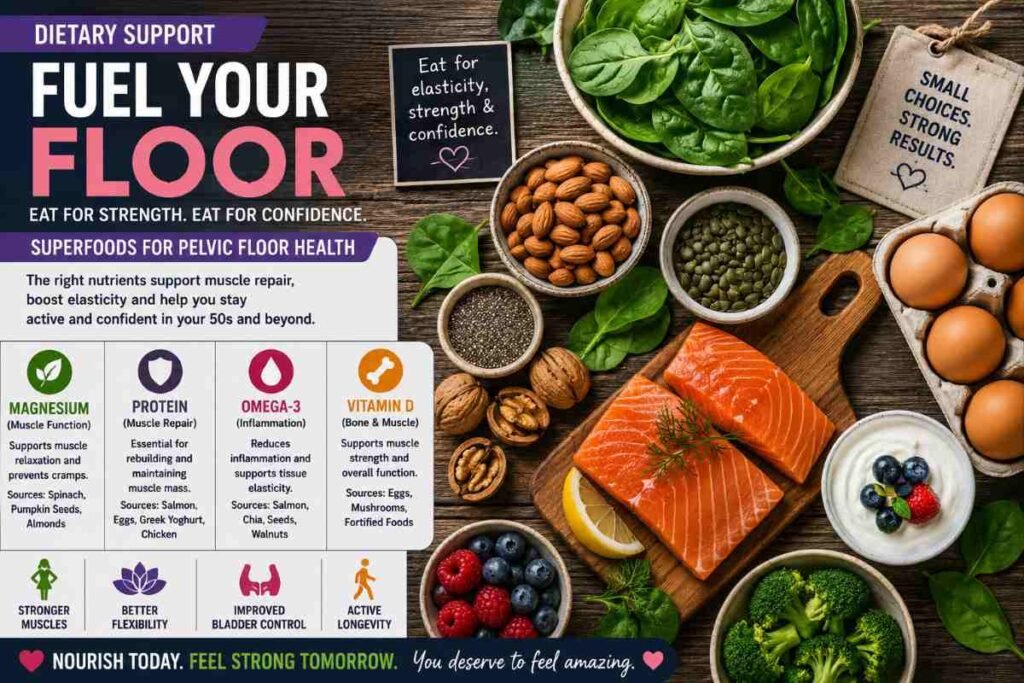 Healthy food layout supporting muscle repair and Pelvic Floor Exercises for Women Over 50: UK Health Guide.
