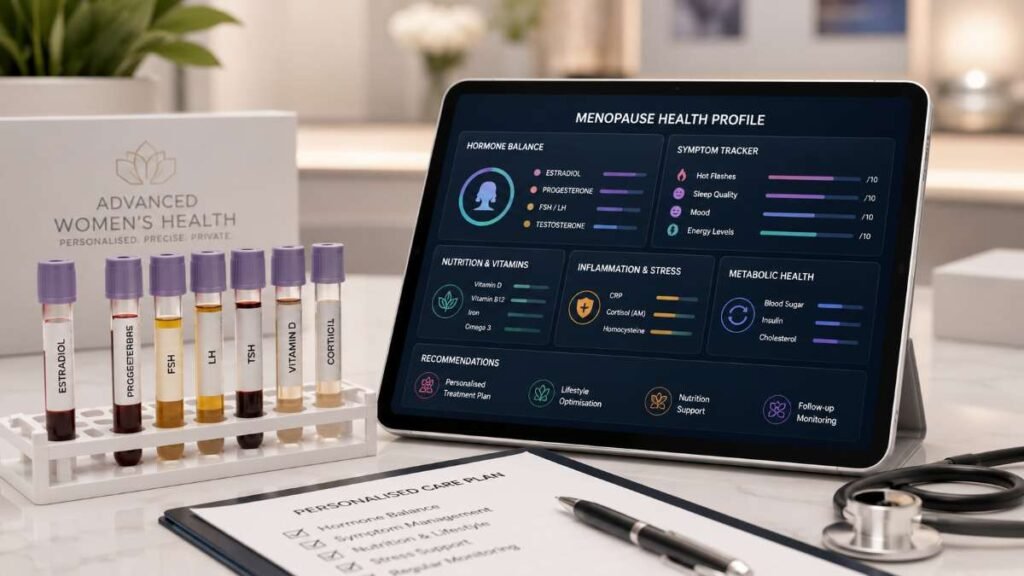 Private Menopause comprehensive labs measuring thyroid markers, lipid profiles, and cardiovascular risk factors.