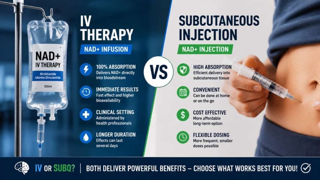Comparing IV therapy and subcutaneous NAD injections for bioavailability.