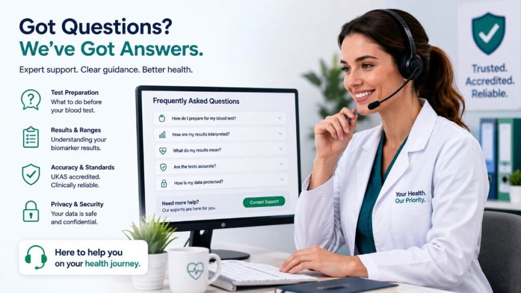 Clear answers to common questions about booking a private blood test UK package online.