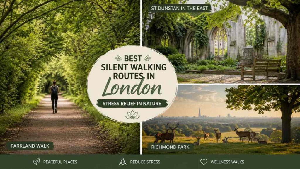 Silent Walking Routes in London for Stress featuring peaceful parks gardens and quiet walking paths across London.