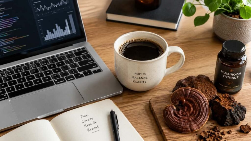 A minimalist London office desk setup featuring a premium mug of adaptogenic micro-dosing coffee for workplace focus.