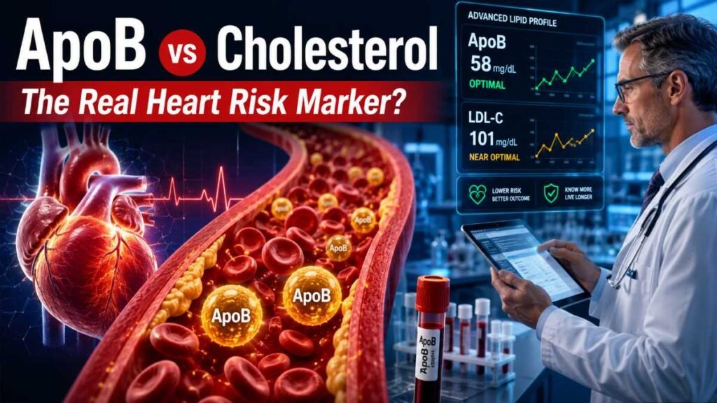 ApoB Blood Test vs Cholesterol comparison showing artery plaque particles and advanced heart health biomarkers in 2026