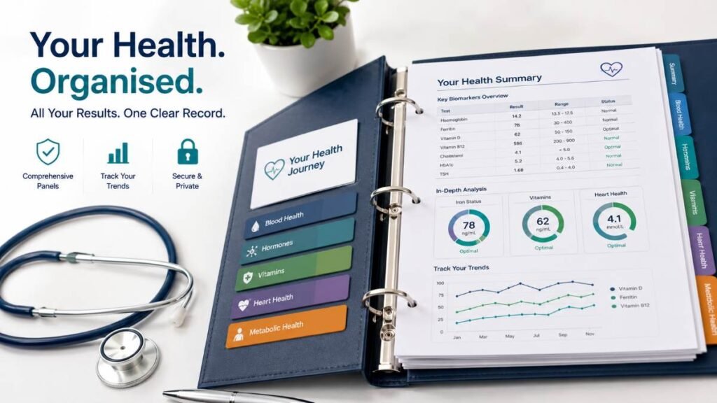 Organizing clinical data from health screening panels using a private blood test UK.