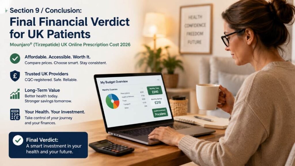 A relaxed individual managing their monthly household budget, accounting for the long-term Mounjaro UK online prescription cost 2026 framework.