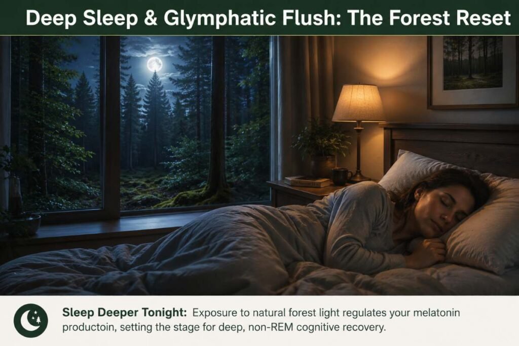 Illustrating how daylight exposure in a forest improves nighttime sleep and brain repair, a concept from the UK Guide to Forest Bathing.