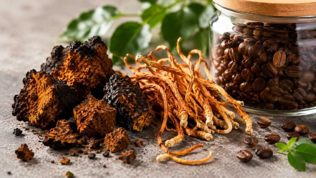 Raw chaga chunks and cordyceps mushrooms prepared for dual extraction to highlight the benefits of chaga and cordyceps in micro-dosing coffee.