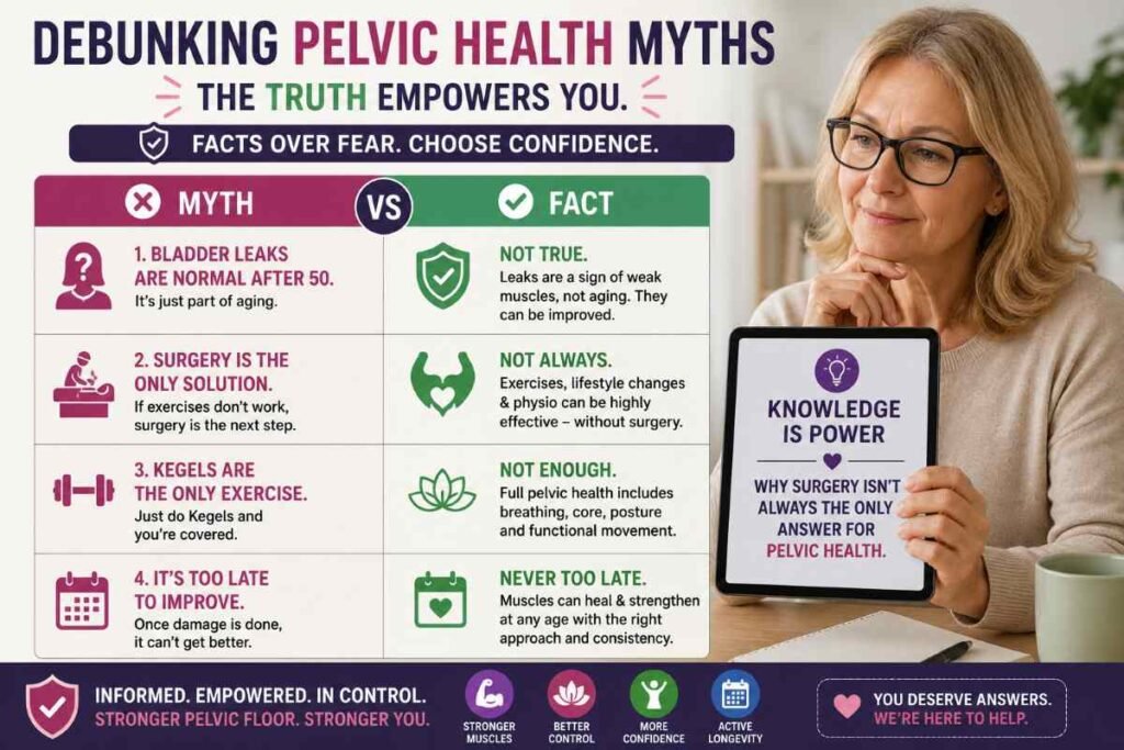 Graphic debunking common myths about Pelvic Floor Exercises for Women Over 50: UK Health Guide.