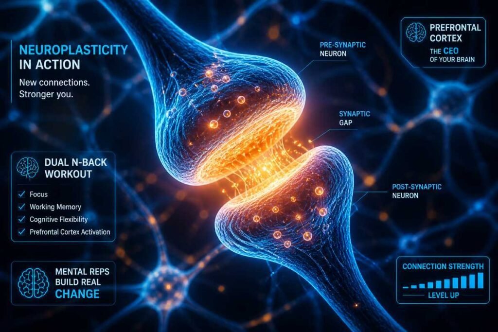 The scientific process of neuroplasticity triggered by a Dual N-Back workout for the Prefrontal Cortex.
