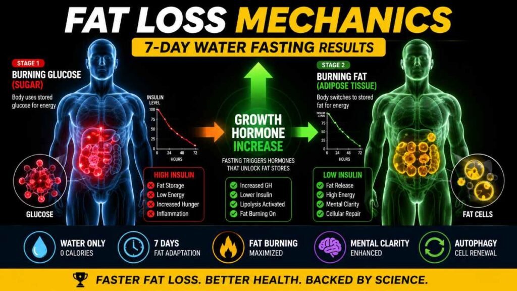 Infographic showing fat oxidation and growth hormone spikes during the 7-Day Water Fasting Results window.