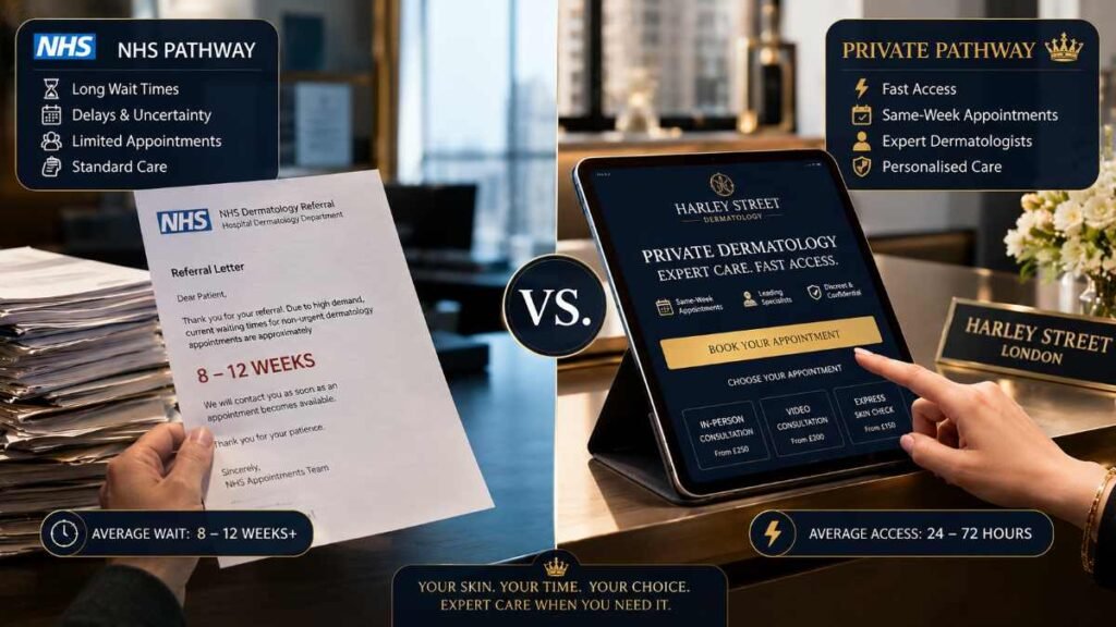 Express clinical access vs. long waiting times at a private dermatologist London.