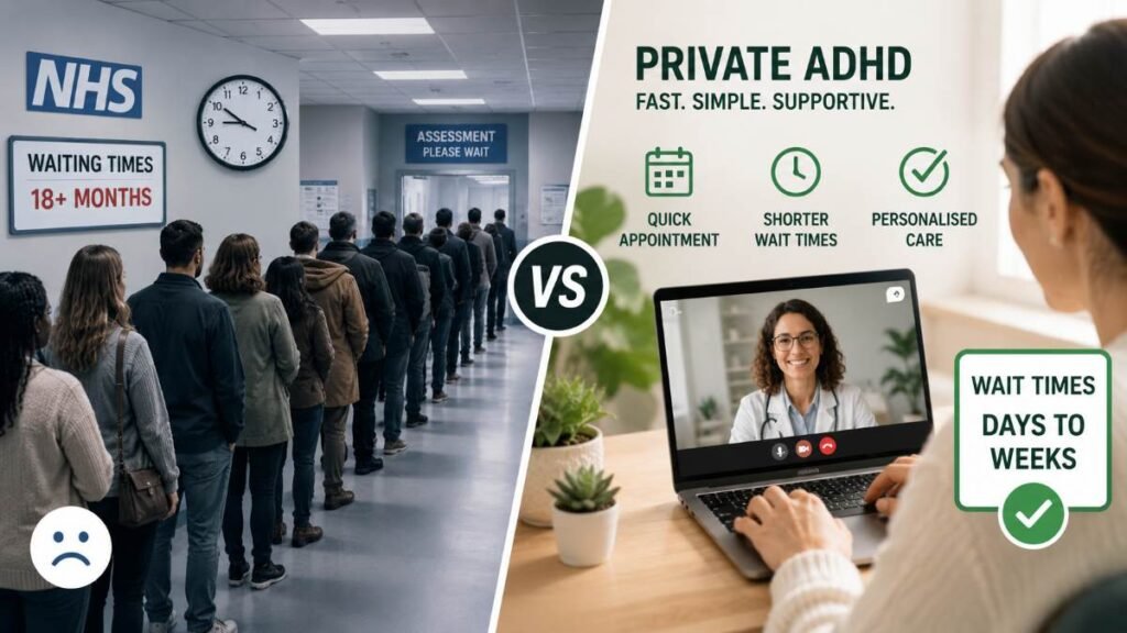 Comparison infographic showing private ADHD assessment UK cost & waiting times vs NHS.