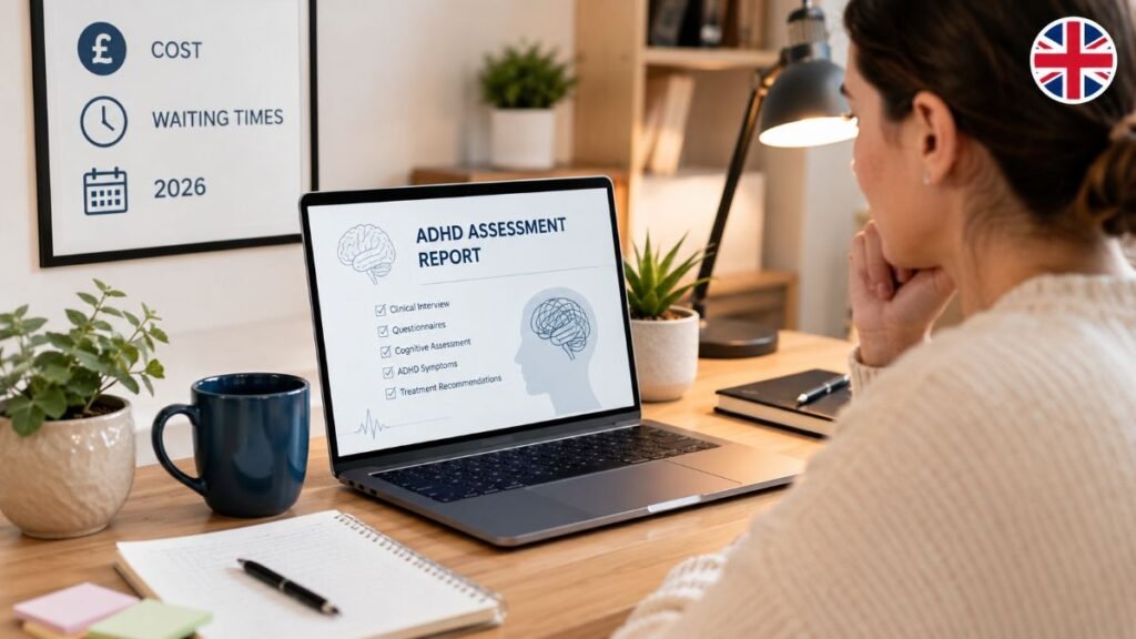 A person reviewing a private ADHD assessment UK cost & waiting times report on a laptop.