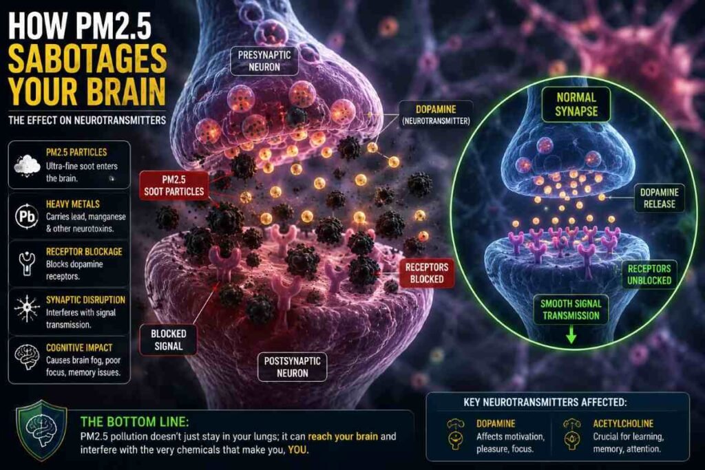 An illustrative close-up of a neural synapse where irregular PM2.5 soot particles are blocking receptors, interfering with dopamine release.