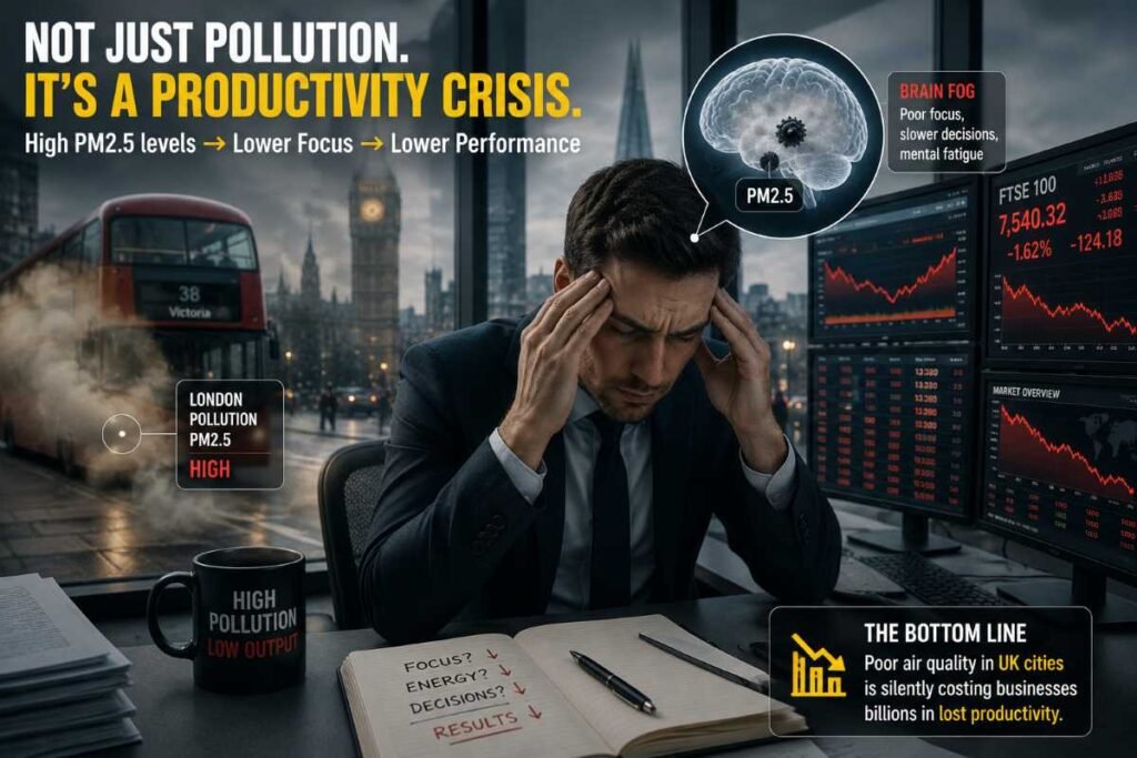 An exhausted professional in a London office on a high-pollution day, rubbing his temples with a graphic icon of a foggy brain and PM2.5 particles