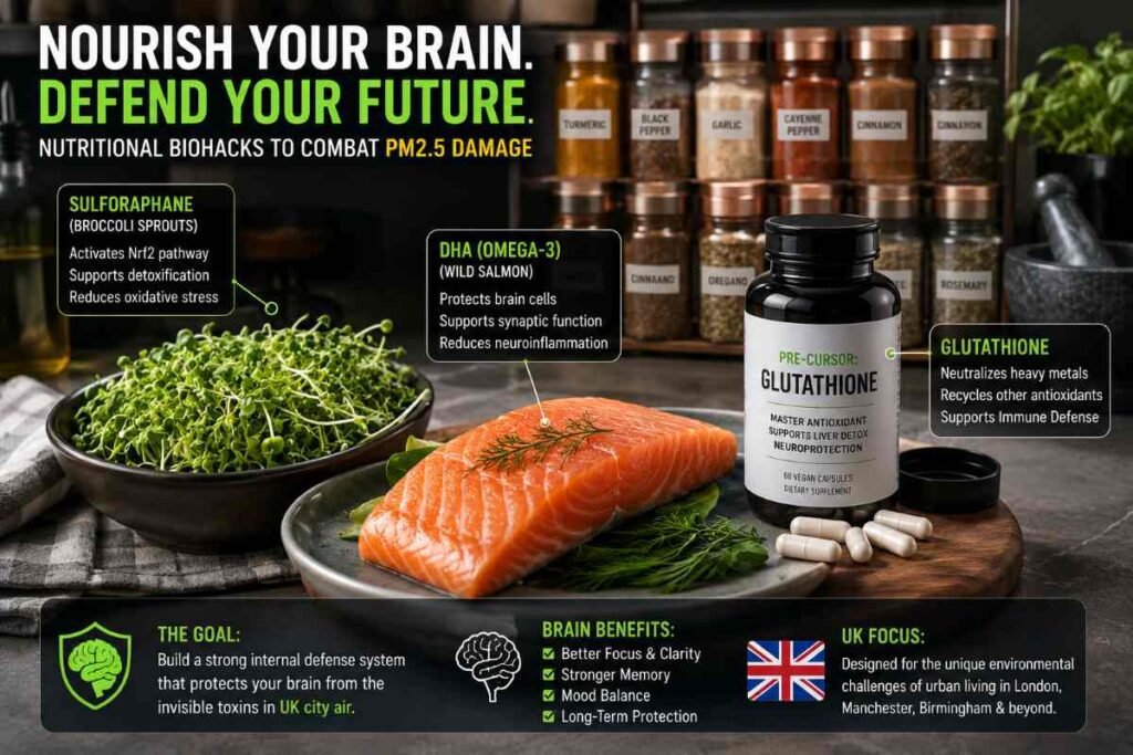 A selection of healthy foods, including broccoli sprouts and wild salmon, on a professional UK kitchen counter, with Glutathione supplement bottles in the background.
