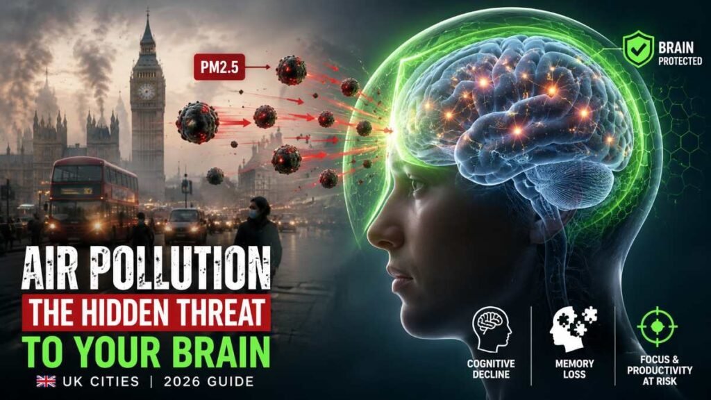 The Impact of Air Quality (PM2.5) on Cognitive Decline in UK cities represented by a protected human brain shield in London.