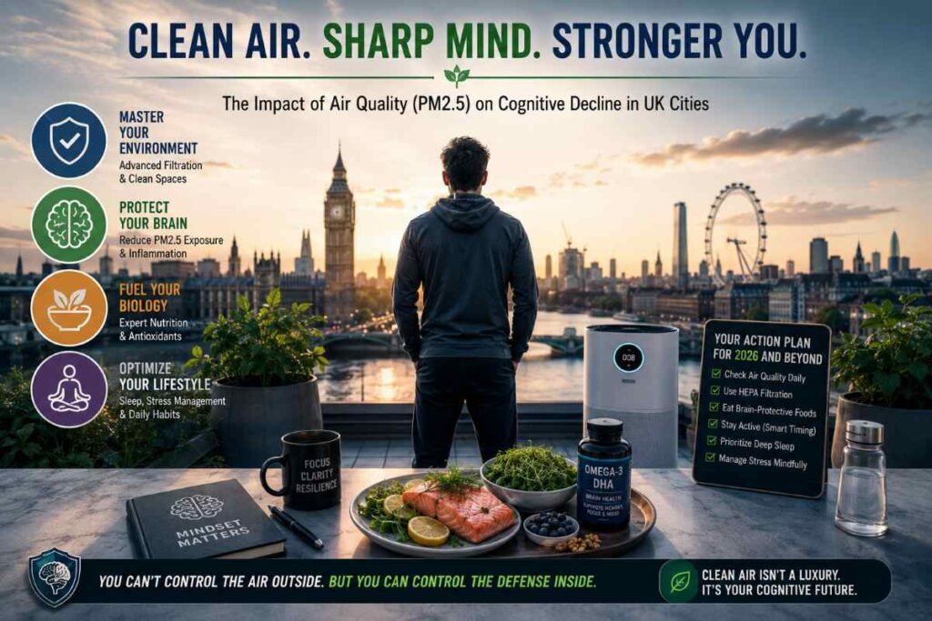 Infographic detailing clean air and brain health protocols including environmental mastery, neuroprotection, and targeted nutrition in UK cities.