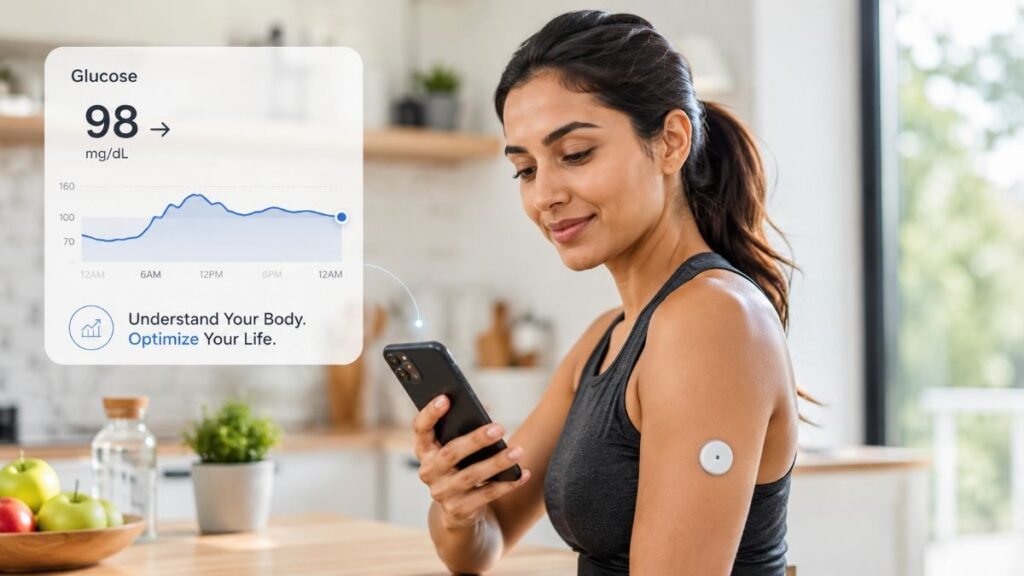 Woman using a CGM for non-diabetics to track glucose levels on smartphone