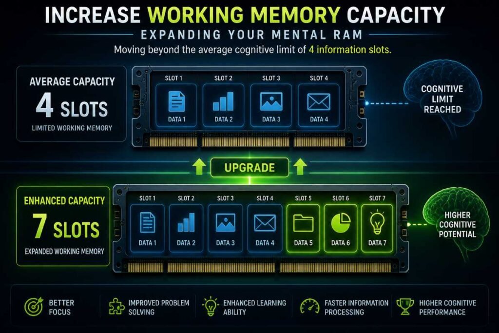 A visual representation of increasing working memory capacity from 4 to 7 information slots.