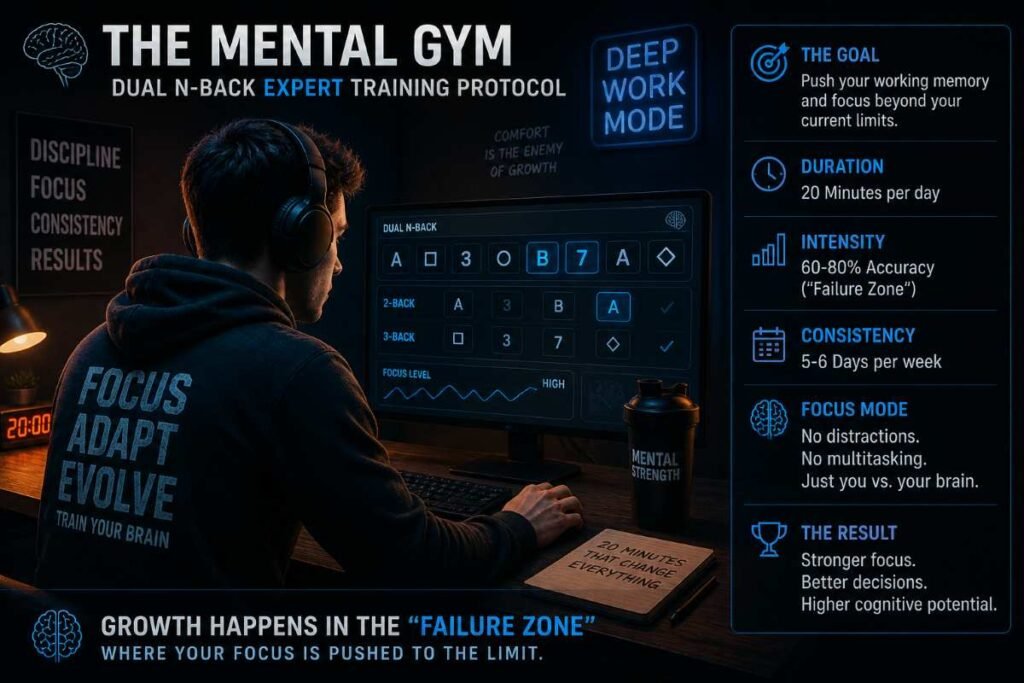A dedicated practitioner following the expert Dual N-Back training protocol for 20 minutes of deep focus.