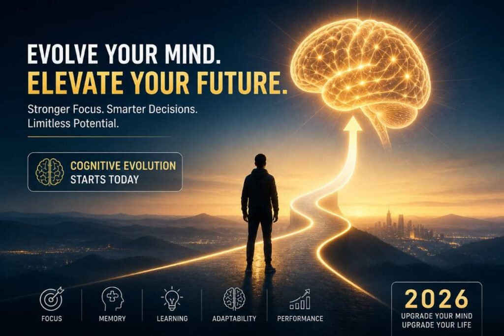 An artistic illustration depicting a person looking towards their future of continuous brain growth and cognitive evolution in 2026.