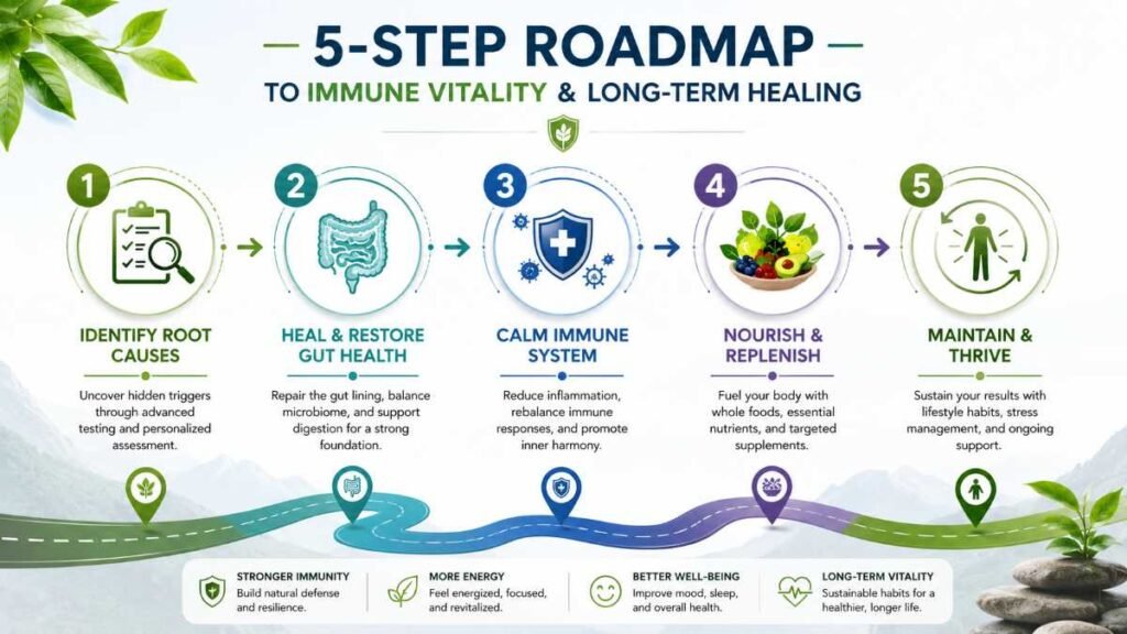 5-step protocol for functional medicine for autoimmune recovery.