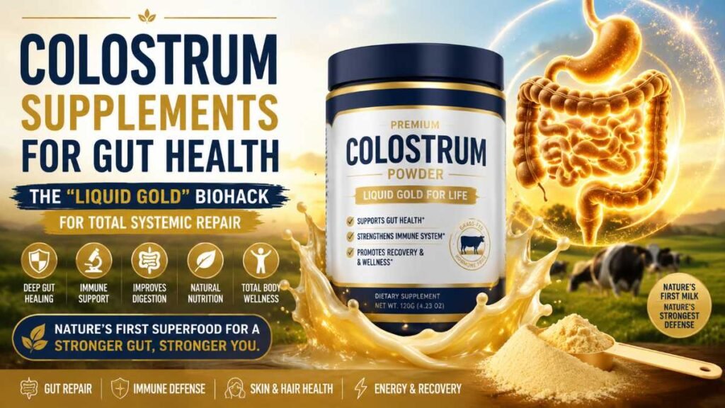 Colostrum Supplements for Gut Health with liquid gold wellness and gut repair concept in 2026