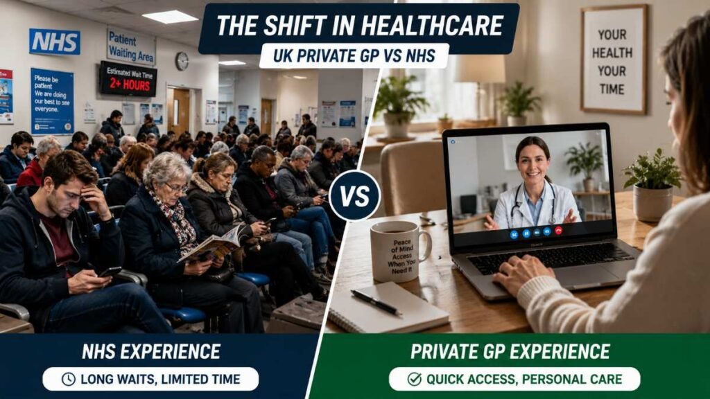 The shift in British healthcare debating UK Private GP vs NHS reliability and waiting times.