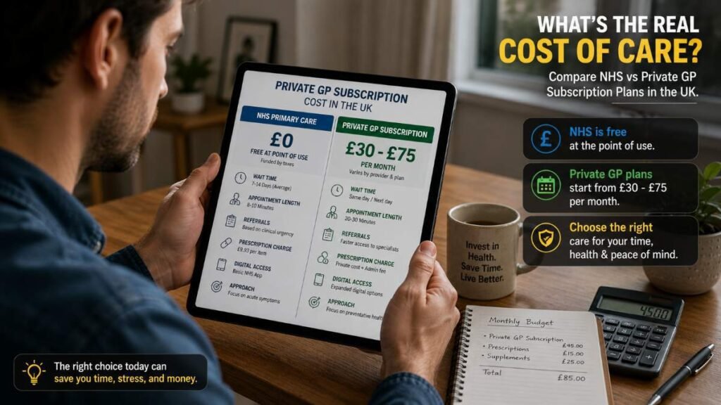 Pricing breakdown for UK Private GP vs NHS monthly medical subscriptions.