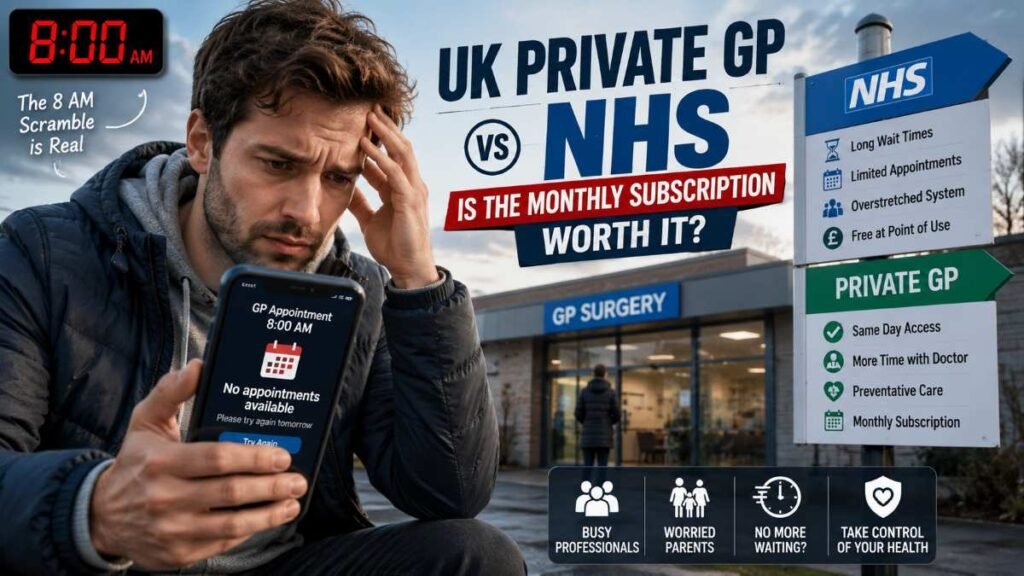 A comparison of UK Private GP vs NHS services showing a person booking an appointment on a mobile app.
