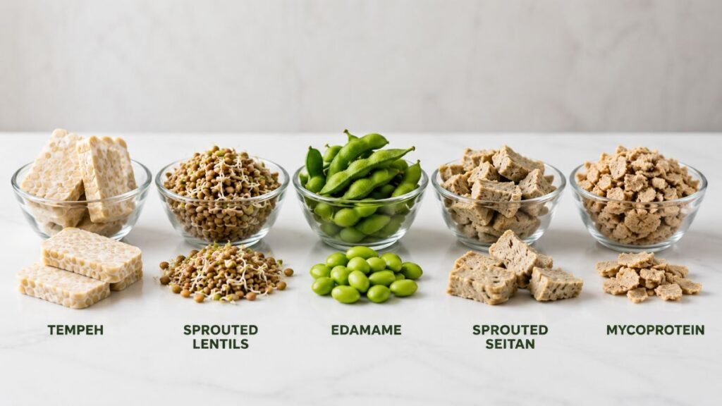 A variety of plant powerhouses representing the best high-protein meat alternatives for gut health like tempeh and mycoprotein.