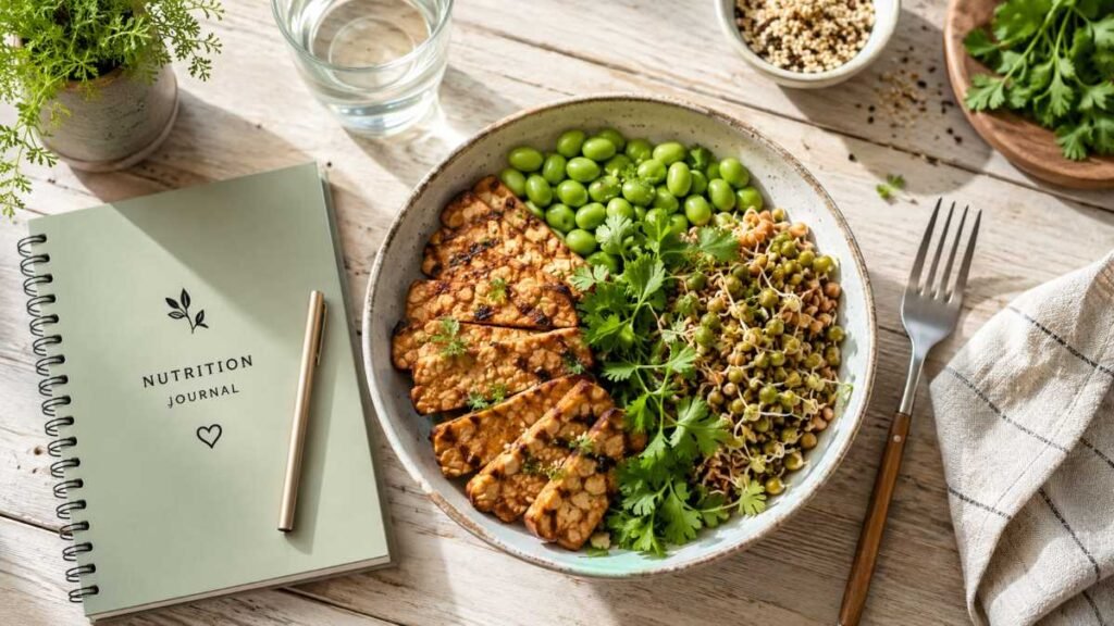 A rich collection of whole foods highlighting the best high-protein meat alternatives for gut health on a clean modern kitchen counter.