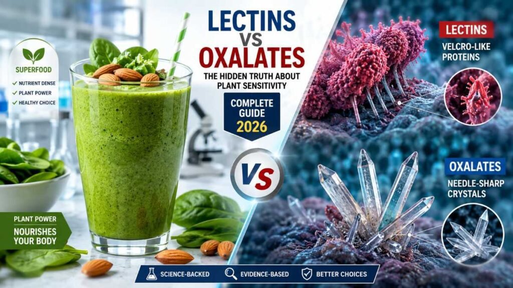 A high-resolution scientific comparison of Lectins vs Oxalates defense chemicals found in common superfoods, illustrating their impact on human biology.