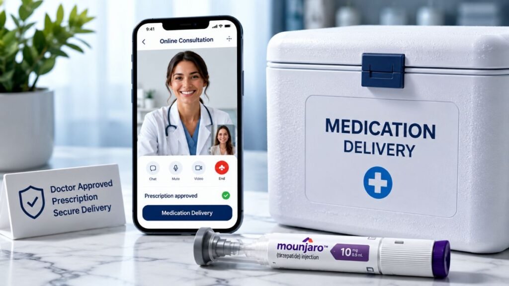 A smartphone displaying an online medical consultation next to a temperature-regulated prescription box, detailing Mounjaro UK online prescription cost 2026 options.