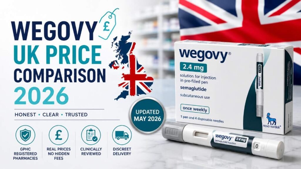 Wegovy UK price comparison 2026 showing private online pharmacy costs