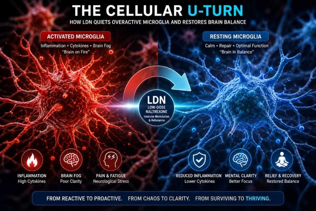 3D medical rendering showing how LDN for chronic inflammation and fatigue calms overactive microglia in the brain