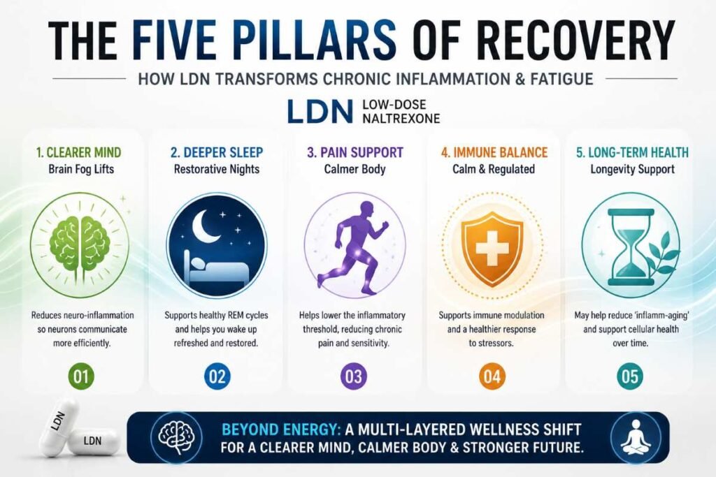 Graphical representation of the top benefits of using LDN for chronic inflammation and fatigue, including better sleep and focus.
