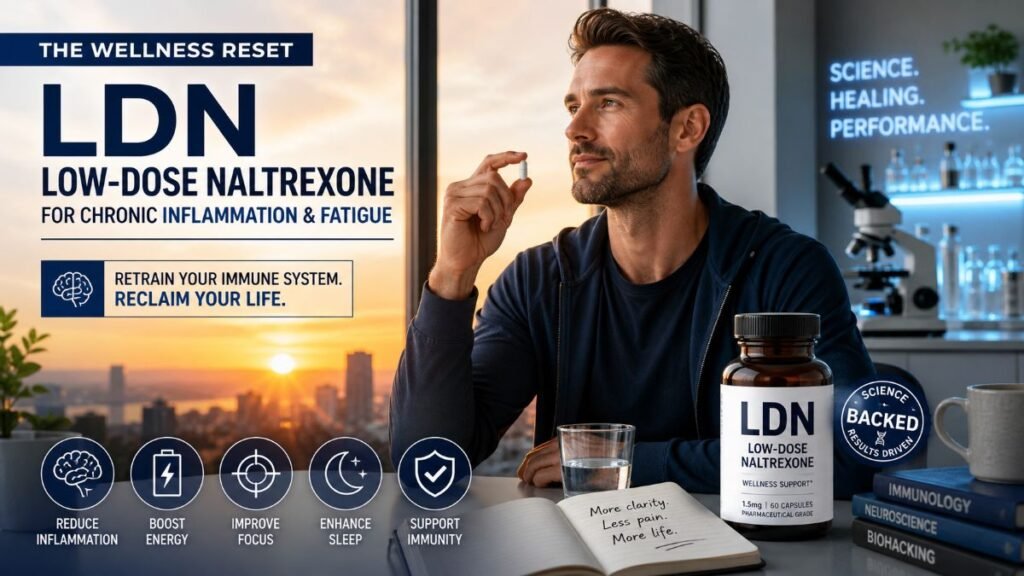 A person experiencing the benefits of LDN for chronic inflammation and fatigue in a modern UK wellness setting.