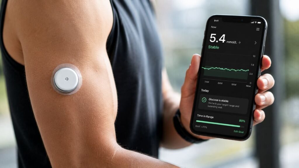 A person checking their real-time glucose data on a smartphone via CGM to monitor Metabolic Flexibility.