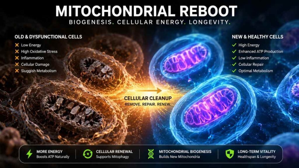 Glowing vibrant cells showing mitochondrial biogenesis, a key process for achieving peak Metabolic Flexibility.