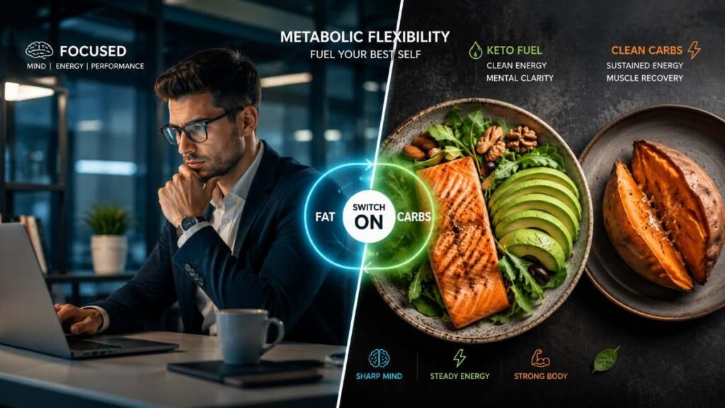 A high-performer in a modern office balancing a healthy meal and a fitness tracker, illustrating Metabolic Flexibility in 2026.
