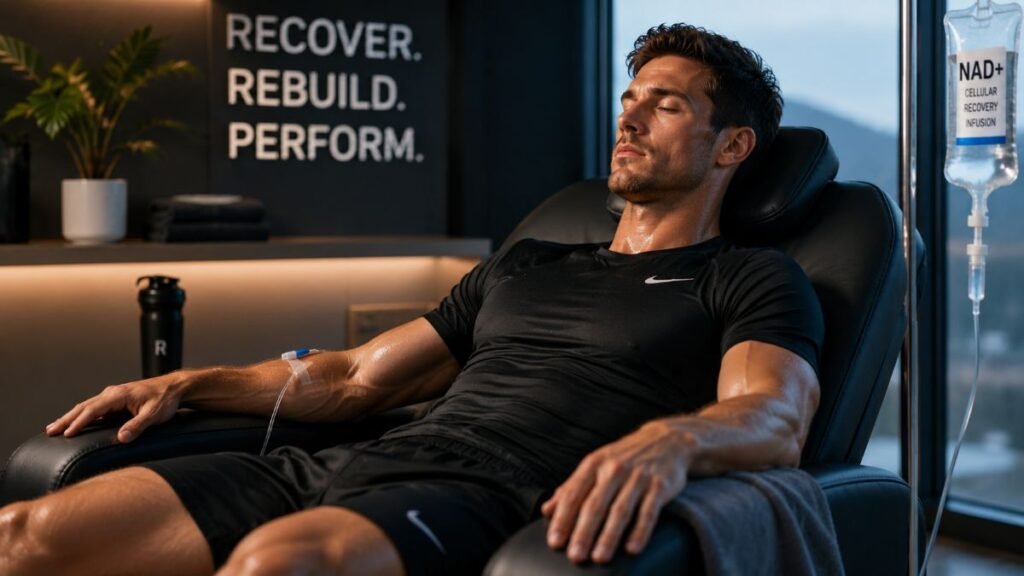 Athlete using NAD injection therapy for faster physical recovery.